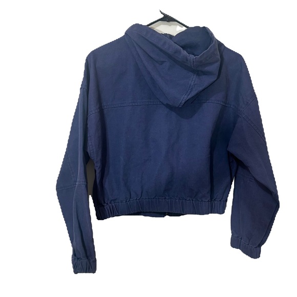 NWT FOREVER 21 CROPPED HOODED DENIM JACKET ZIPPER POCKETS DARK PURPLE SIZE SMALL - Picture 3 of 7